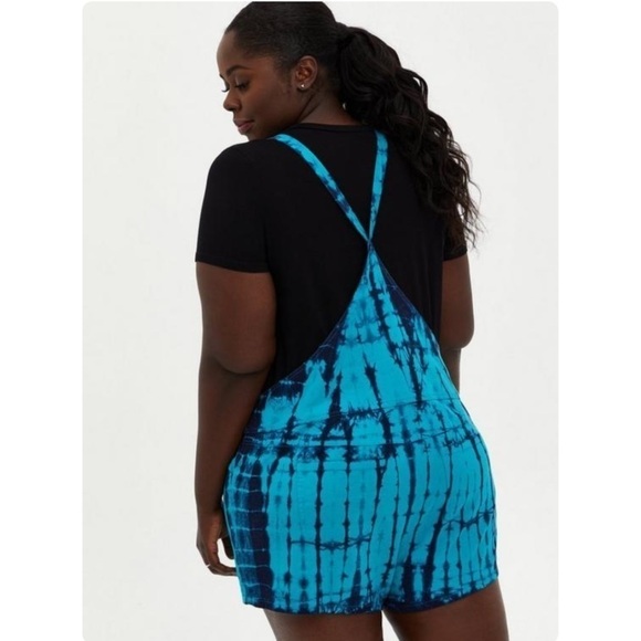Torrid 3.5” Stretch Linen Blend Shortall Turquoise Tie Dye 3X - Picture 2 of 11